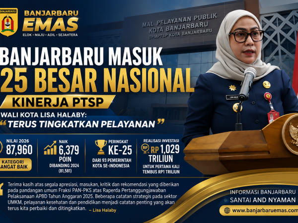 Banjarbaru Masuk 25 Besar Nasional Kinerja PTSP, Wali Kota Lisa Halaby: Terus Tingkatkan Pelayanan
