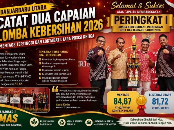 Banjarbaru Utara Catat Dua Capaian Lomba Kebersihan 2026, Mentaos Tertinggi dan Loktabat Utara Posisi Ketiga