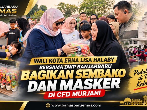 Wali Kota Erna Lisa Halaby Bersama DWP Banjarbaru Bagikan Sembako dan Masker di CFD Murjani